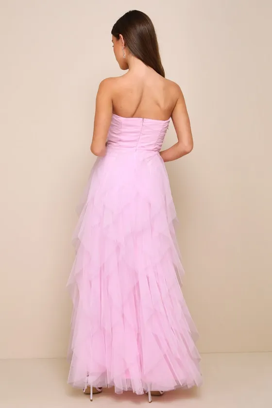 Delightful Beauty Pink Mesh Strapless Ruched Ruffled Maxi Dress sold by Lulus product image thumbnail 4