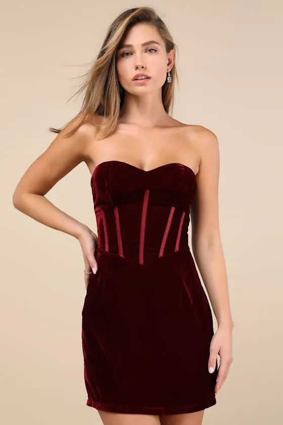Poised Favorite Burgundy Velvet Bustier Strapless Mini Dress sold by Lulus