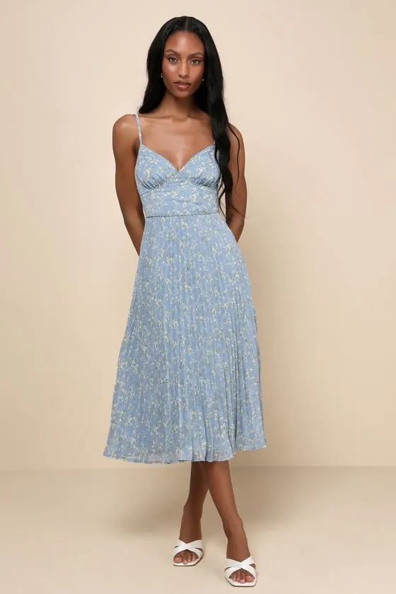 Darling Favorite Light Blue Floral Sleeveless Pleated Midi Dress sold by Lulus