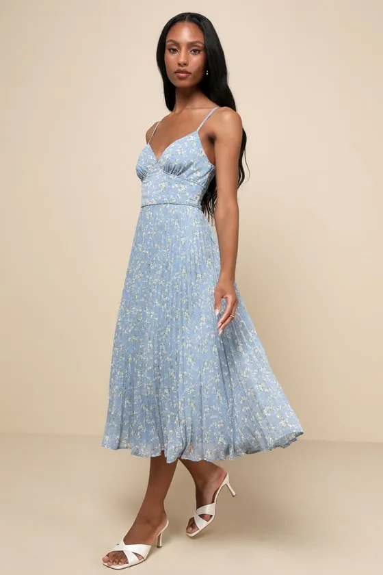 Darling Favorite Light Blue Floral Sleeveless Pleated Midi Dress sold by Lulus product image thumbnail 2