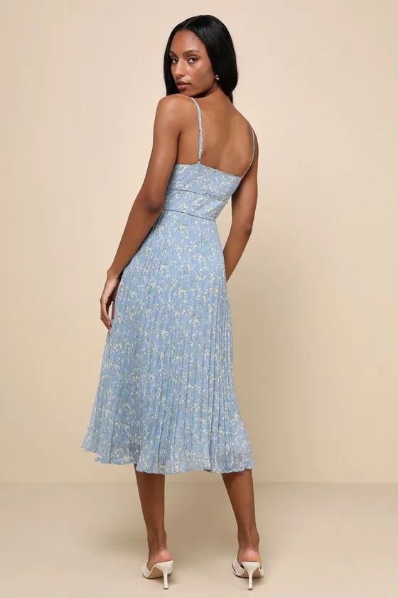 Darling Favorite Light Blue Floral Sleeveless Pleated Midi Dress sold by Lulus product image thumbnail 3
