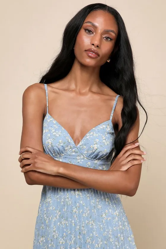 Darling Favorite Light Blue Floral Sleeveless Pleated Midi Dress sold by Lulus product image thumbnail 4