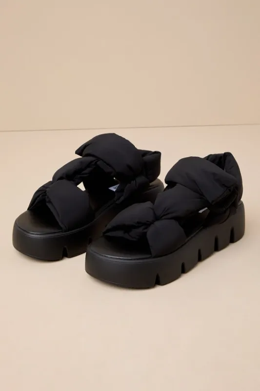Xandria Black Puffer Flatform Sandals sold by Lulus
