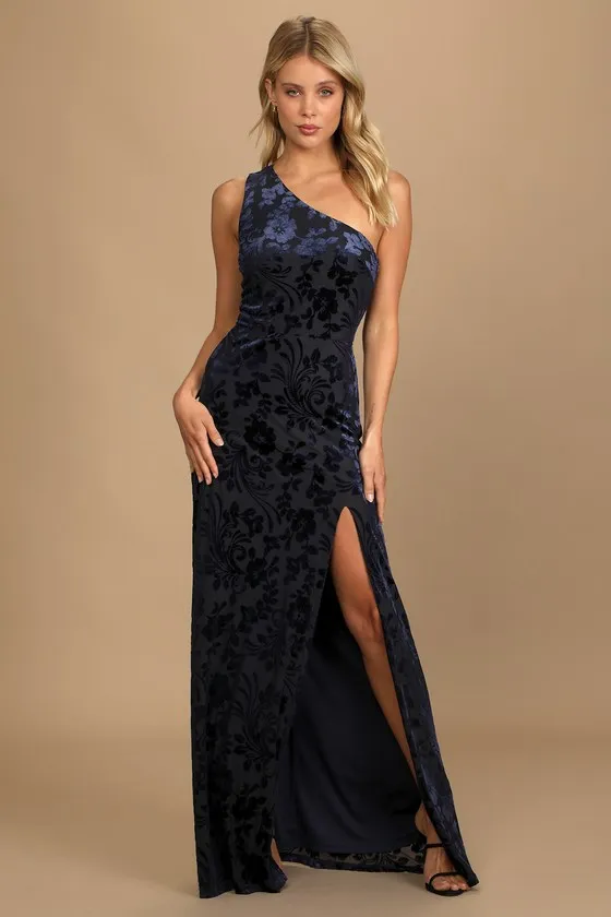 Marvelous Moi Navy Blue Burnout Velvet One-Shoulder Maxi Dress sold by Lulus