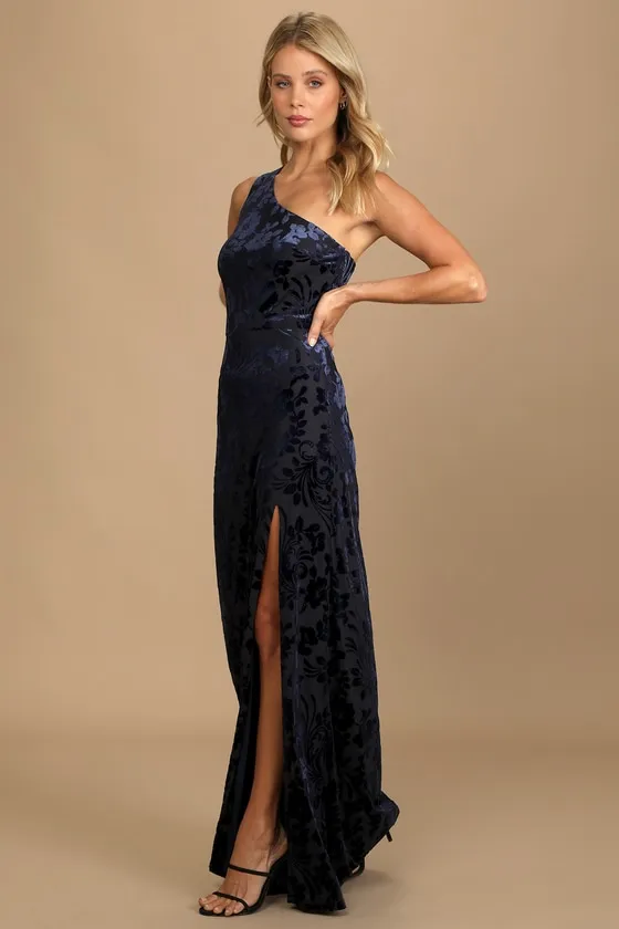 Marvelous Moi Navy Blue Burnout Velvet One-Shoulder Maxi Dress sold by Lulus product image thumbnail 3