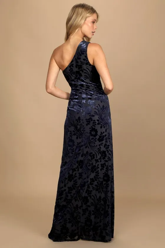 Marvelous Moi Navy Blue Burnout Velvet One-Shoulder Maxi Dress sold by Lulus product image thumbnail 4