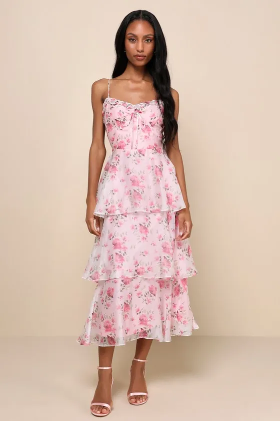 Immaculate Cutie Light Pink Floral Sleeveless Tiered Midi Dress sold by Lulus
