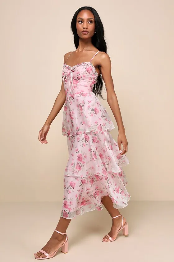 Immaculate Cutie Light Pink Floral Sleeveless Tiered Midi Dress sold by Lulus product image thumbnail 2