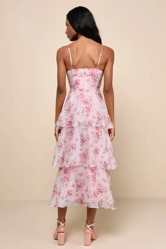 Immaculate Cutie Light Pink Floral Sleeveless Tiered Midi Dress sold by Lulus product image thumbnail 3