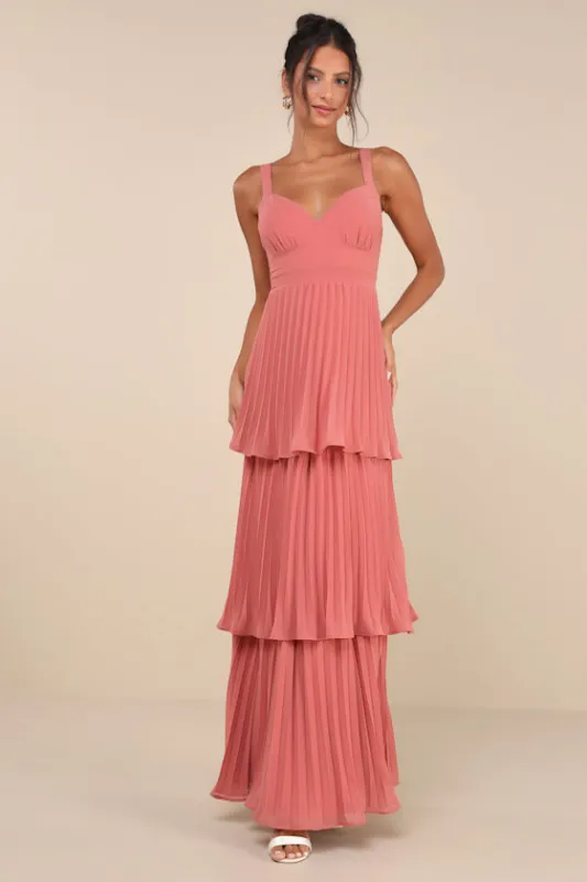 Luxe Perfection Rusty Rose Pleated Tiered Backless Maxi Dress sold by Lulus