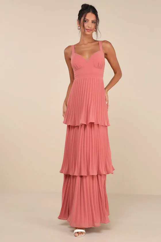 Luxe Perfection Rusty Rose Pleated Tiered Backless Maxi Dress sold by Lulus