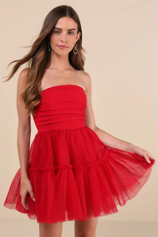 Lovely Extravagance Red Tulle Strapless Mini Dress sold by Lulus