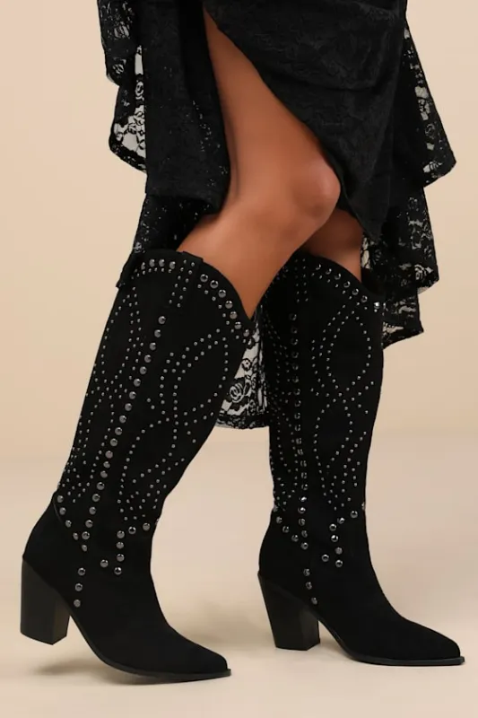 Mallerie Black Suede Studded Knee-High Western Boots sold by Lulus