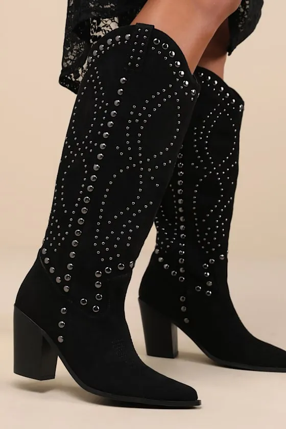 Mallerie Black Suede Studded Knee-High Western Boots sold by Lulus product image thumbnail 2