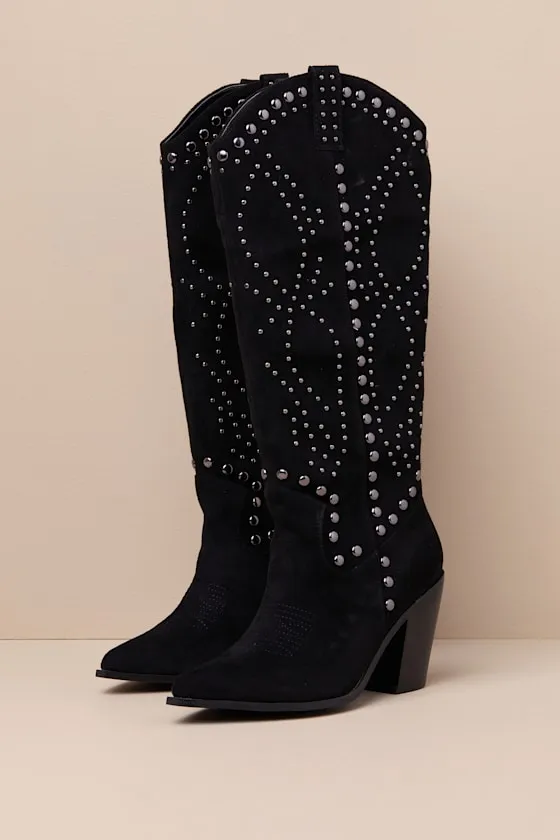 Mallerie Black Suede Studded Knee-High Western Boots sold by Lulus product image thumbnail 3