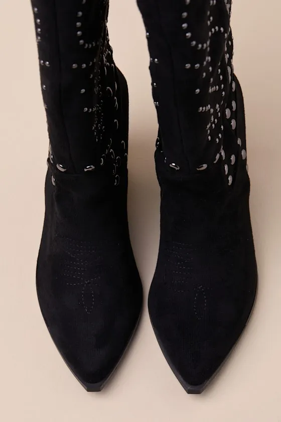 Mallerie Black Suede Studded Knee-High Western Boots sold by Lulus product image thumbnail 4