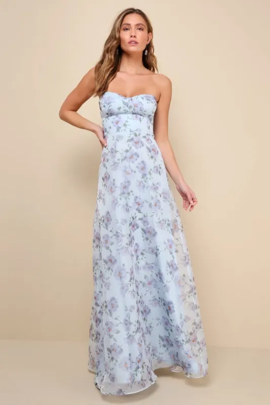 Chic Preciousness Light Blue Floral Organza Bustier Maxi Dress sold by Lulus