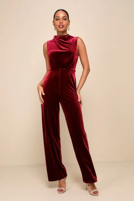 Essential Confidence Wine Red Velvet Mock Neck Jumpsuit sold by Lulus