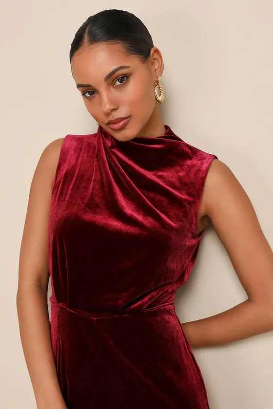 Essential Confidence Wine Red Velvet Mock Neck Jumpsuit sold by Lulus product image thumbnail 2