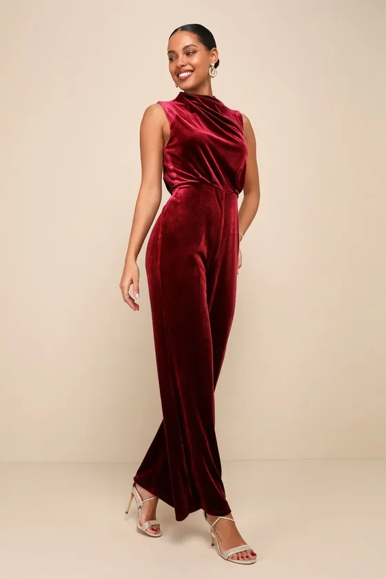 Essential Confidence Wine Red Velvet Mock Neck Jumpsuit sold by Lulus product image thumbnail 3