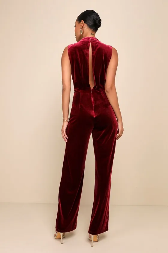 Essential Confidence Wine Red Velvet Mock Neck Jumpsuit sold by Lulus product image thumbnail 4
