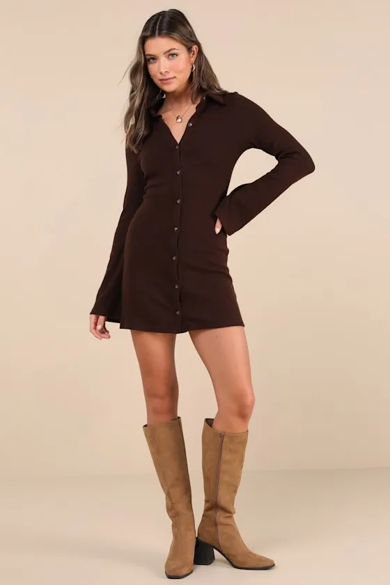 Cuddly Sweetness Brown Button-Front Sweater Mini Dress sold by Lulus product image thumbnail 2
