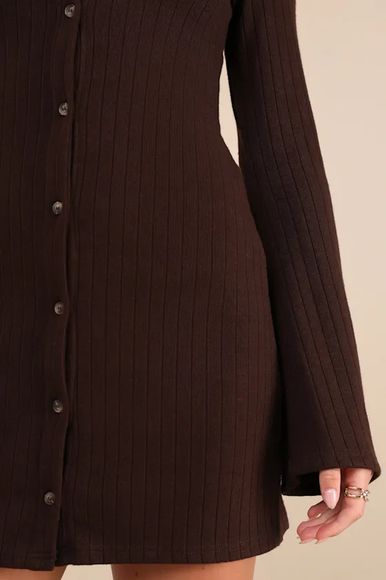 Cuddly Sweetness Brown Button-Front Sweater Mini Dress sold by Lulus product image thumbnail 4