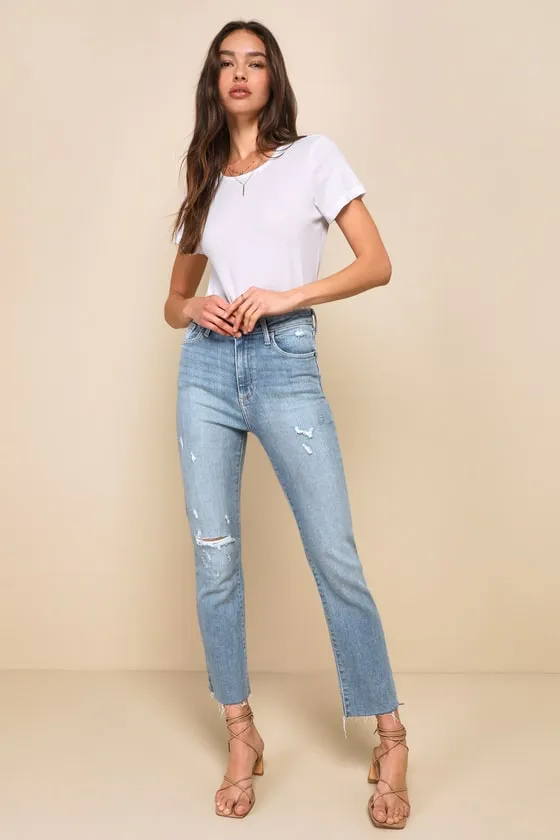 Extra Trendy Distressed Light Wash High-Waisted Slim Leg Jeans sold by Lulus