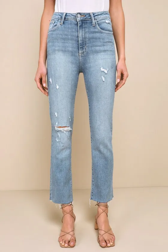 Extra Trendy Distressed Light Wash High-Waisted Slim Leg Jeans sold by Lulus product image thumbnail 3