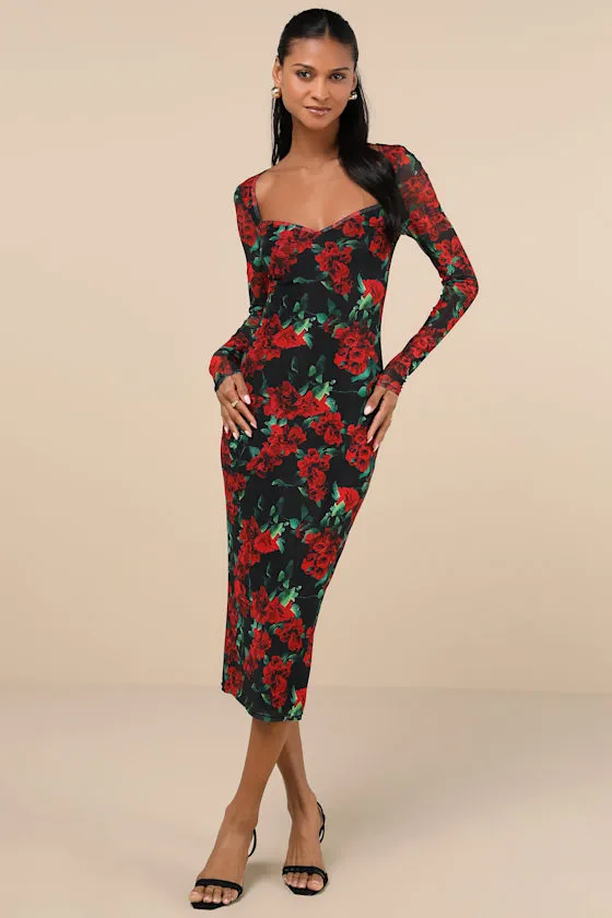 Sultry Marvel Black Floral Mesh Midi Dress sold by Lulus