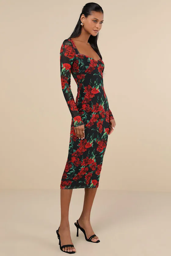 Sultry Marvel Black Floral Mesh Midi Dress sold by Lulus product image thumbnail 2