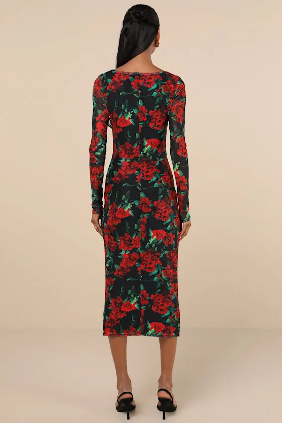 Sultry Marvel Black Floral Mesh Midi Dress sold by Lulus product image thumbnail 3