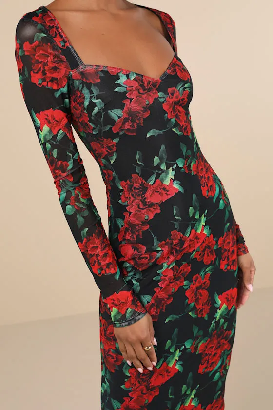 Sultry Marvel Black Floral Mesh Midi Dress sold by Lulus product image thumbnail 4