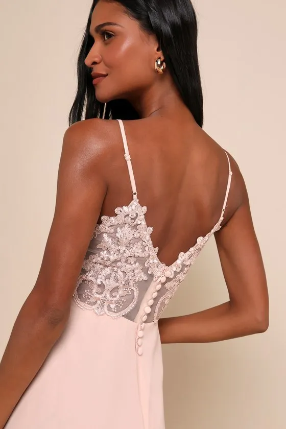 Romantic Ways Blush Pink Lace Button Back Maxi Dress sold by Lulus product image thumbnail 4