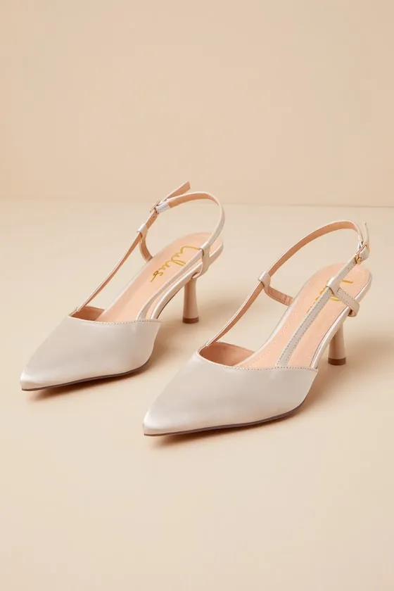Narcissa Ivory Satin Pointed-Toe Slingback Kitten Heel Pumps sold by Lulus product image thumbnail 3