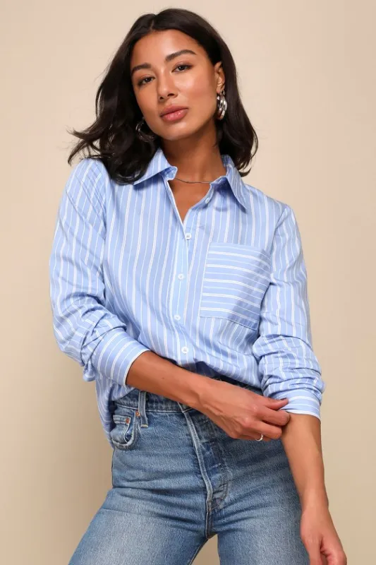Vivacious Persona Blue and White Striped Collared Button-Up Top sold by Lulus