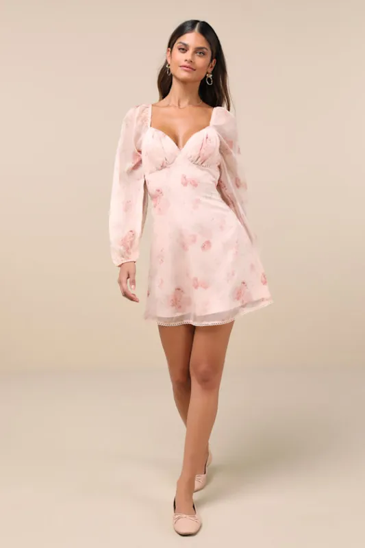 Lovely Poise Light Pink Floral Tie-Back Long Sleeve Mini Dress sold by Lulus