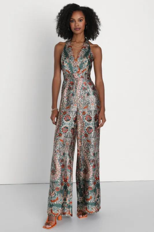 Divine Wanderings Teal Green Scarf Print Satin Wide-Leg Jumpsuit sold by Lulus