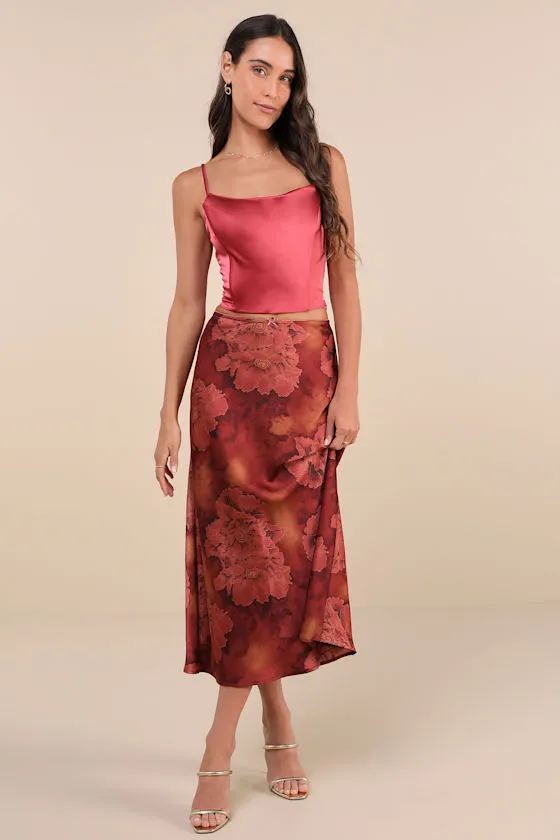 Sleek Proposition Rust Floral Satin Bow Midi Skirt sold by Lulus