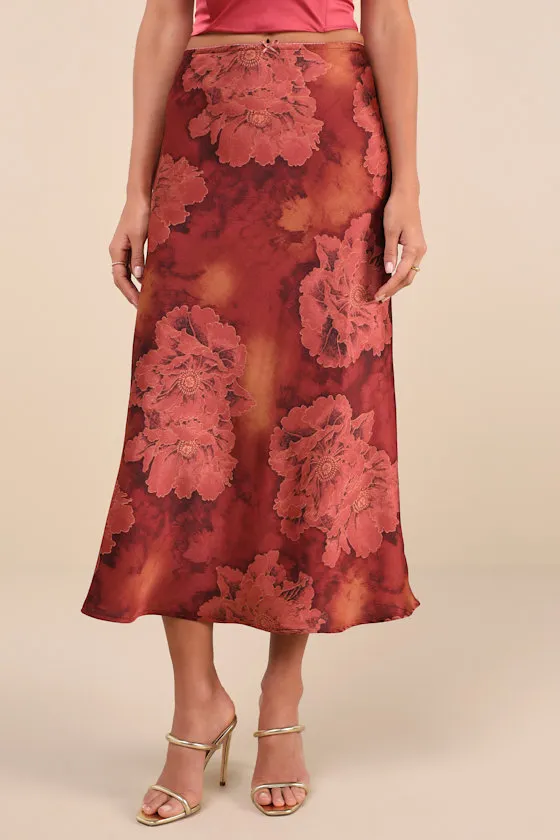Sleek Proposition Rust Floral Satin Bow Midi Skirt sold by Lulus product image thumbnail 2