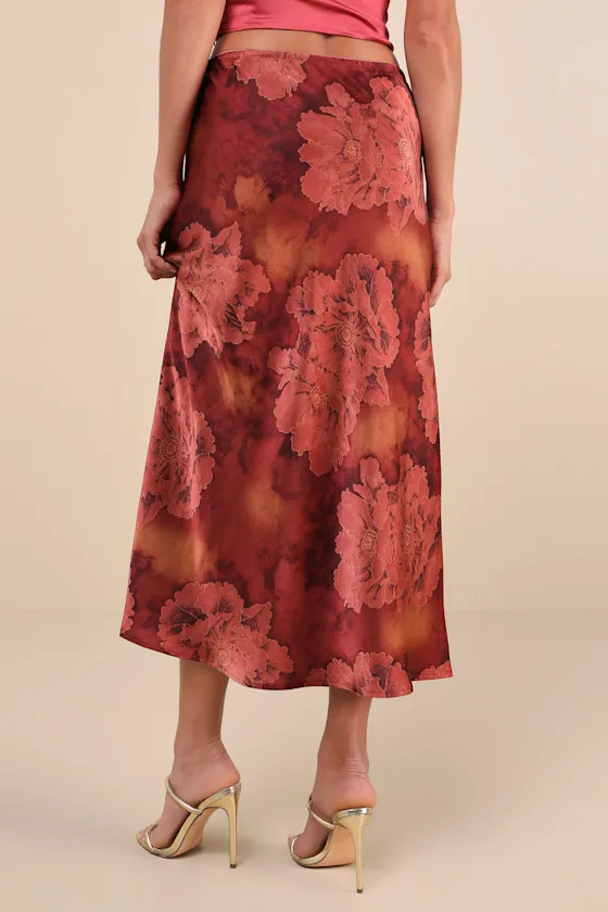 Sleek Proposition Rust Floral Satin Bow Midi Skirt sold by Lulus product image thumbnail 3