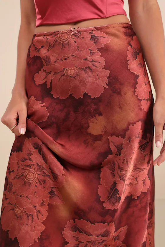 Sleek Proposition Rust Floral Satin Bow Midi Skirt sold by Lulus product image thumbnail 4
