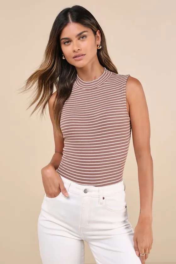 Elevated Selection Brown Striped Mock Neck Sleeveless Bodysuit sold by Lulus product image thumbnail 2