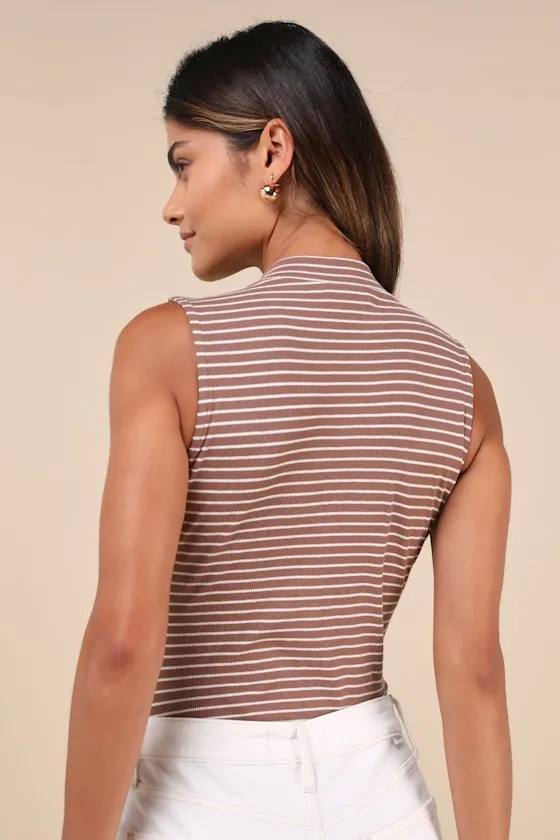 Elevated Selection Brown Striped Mock Neck Sleeveless Bodysuit sold by Lulus product image thumbnail 3
