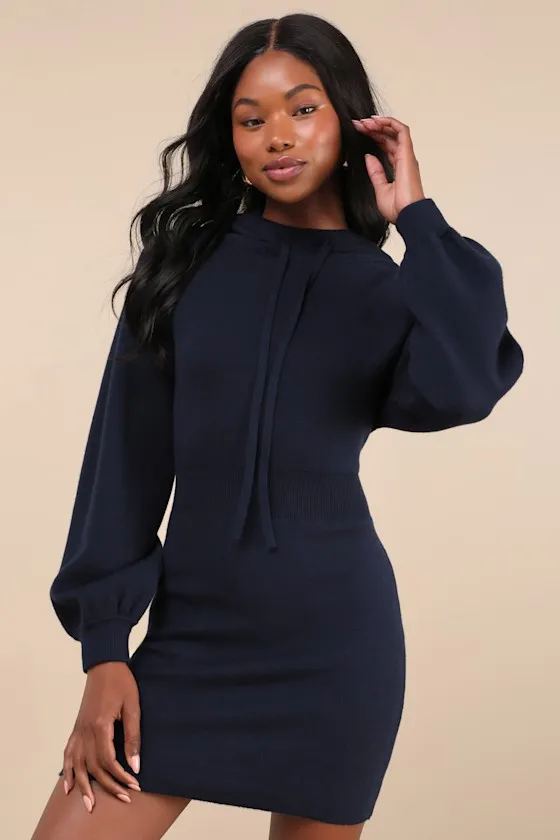 Laidback Moments Navy Blue Hooded Sweater Mini Dress sold by Lulus