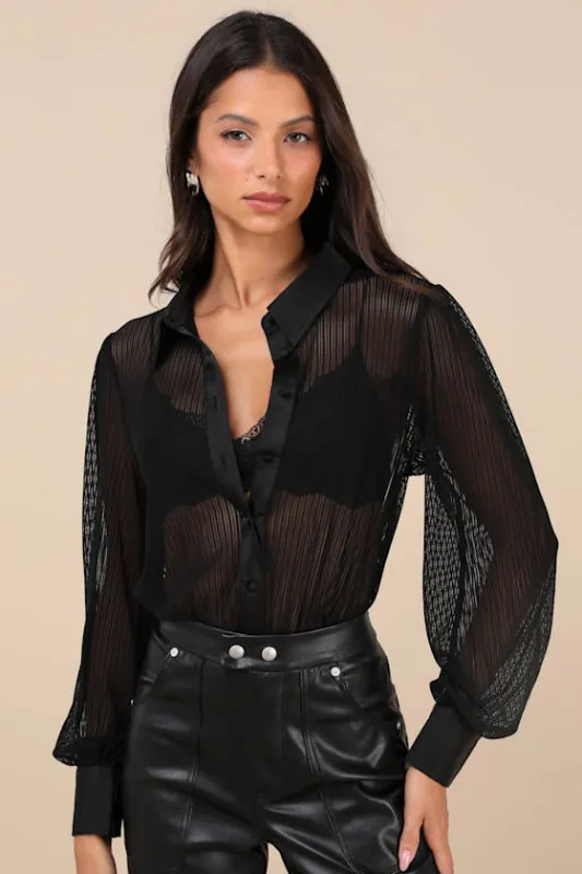 Convincing Choice Black Sheer Button-Up Bodysuit sold by Lulus