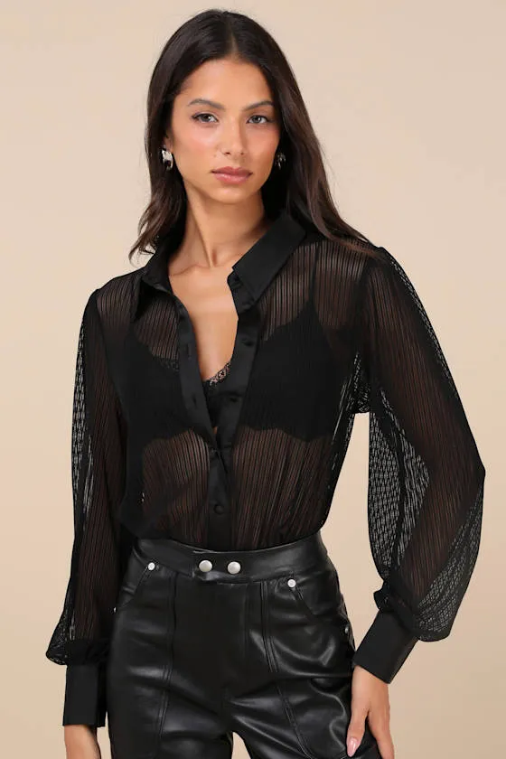 Convincing Choice Black Sheer Button-Up Bodysuit sold by Lulus