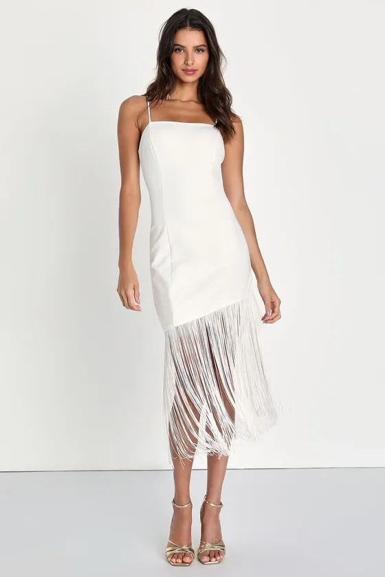 Famous Love White Sleeveless Fringe Bodycon Midi Dress sold by Lulus