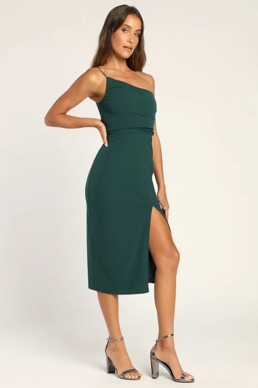 Elegant Allure Hunter Green One-Shoulder Sleeveless Midi Dress sold by Lulus