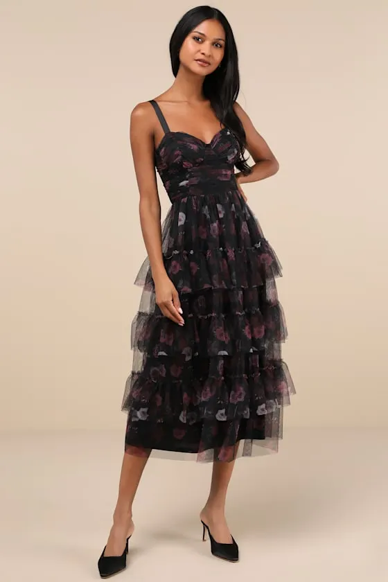 Sentimental Charisma Black Floral Mesh Tiered Midi Dress sold by Lulus